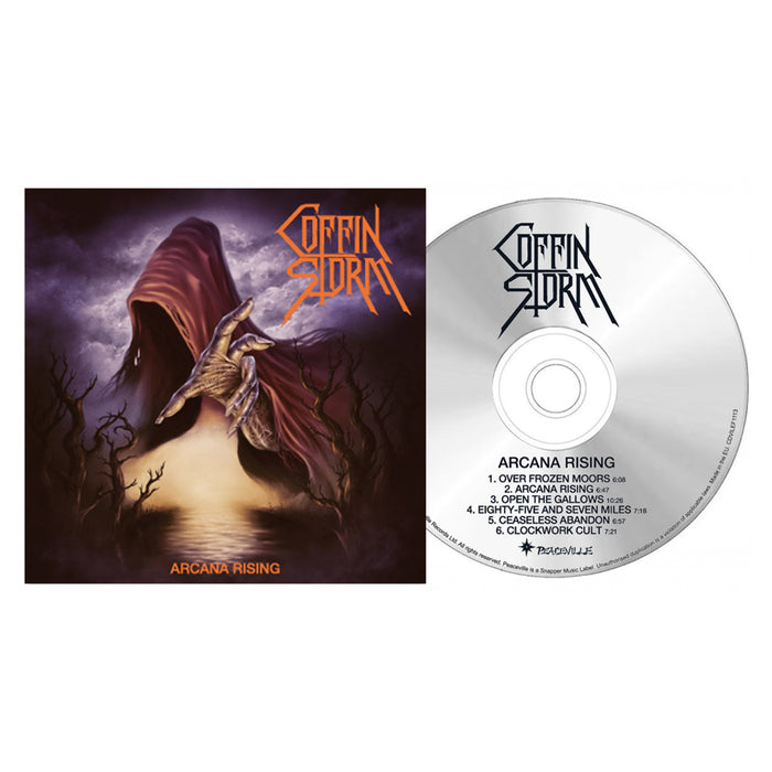 The image displays the Arcana Rising album cover by Coffin Storm, a Norwegian doom metal band, showing a cloaked figure on a stormy backdrop. Beside it is the CD from the brand Coffin Storm with the album title and tracklist.