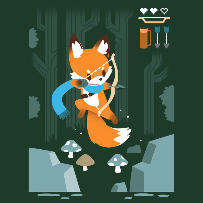 Premium Cotton T-shirt_TeeTurtle  forest green Archer Class apparel featuring a fox drawing a bow and arrow in a forest, including a gaming style 2/3 health indicator and bow and arrow inventory.