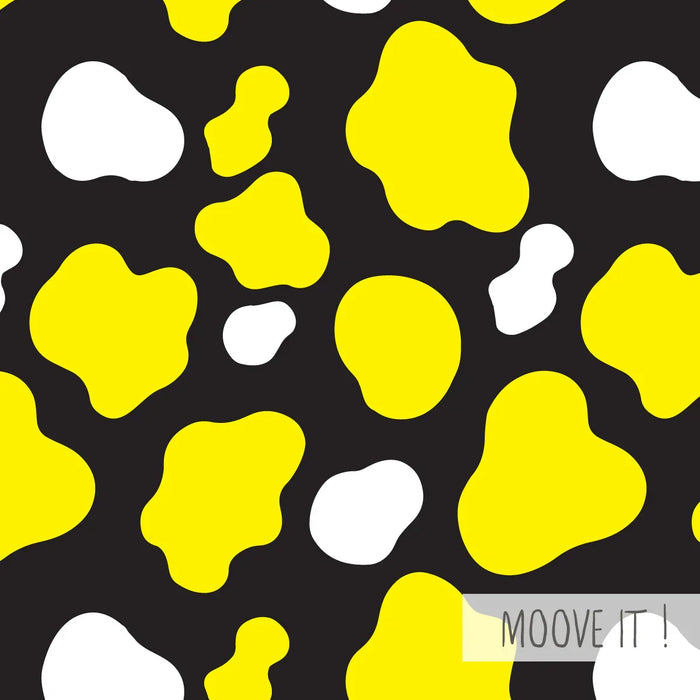 Abstract pattern with irregular yellow and white blobs on a black background, text says MOOVE IT !