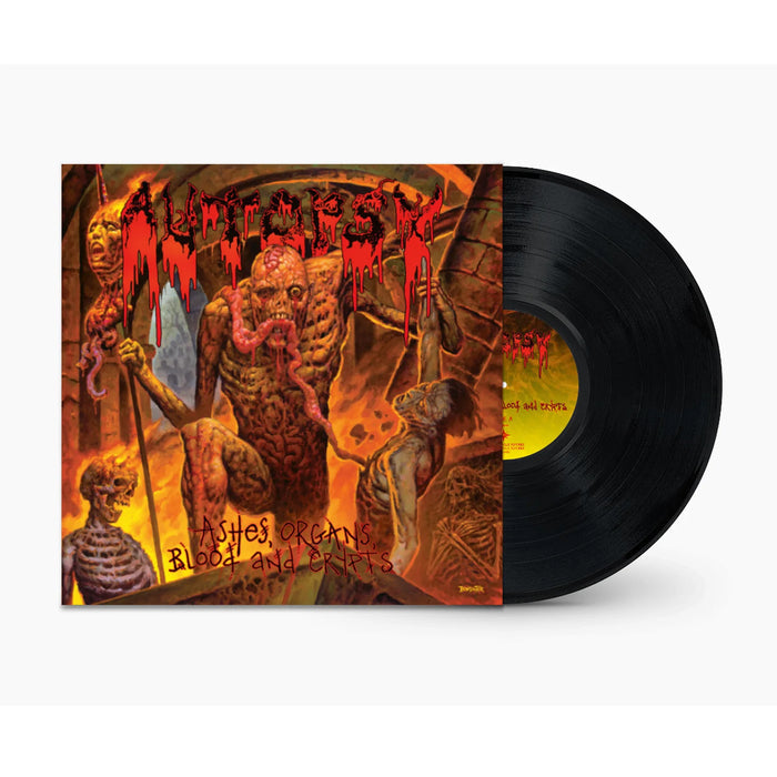 A black vinyl LP titled Ashes, Organs, Blood and Crypts by Autopsy features gruesome undead figures on the cover, a fiery background, and the band’s red blood-dripping logo at the top.