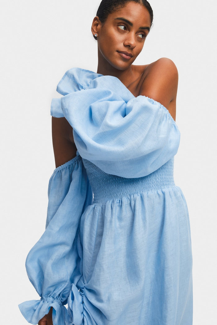 Woman wearing an off the shoulder blue midi dress with rose detail, smocked bodice and long puffed sleeves with frill with one arm reaching to shoulder.