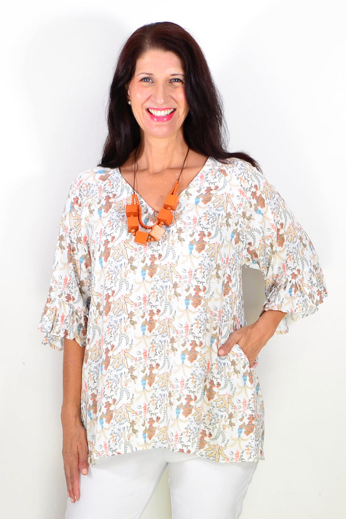 Wishstone Autumn Harvest Tunic Top, lightweight fabric with fall-inspired patterns, styled for casual wear.