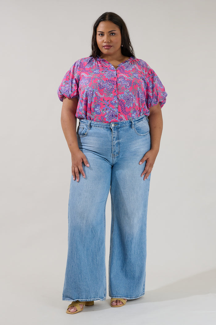 Avy Button Down Top Floral Curve