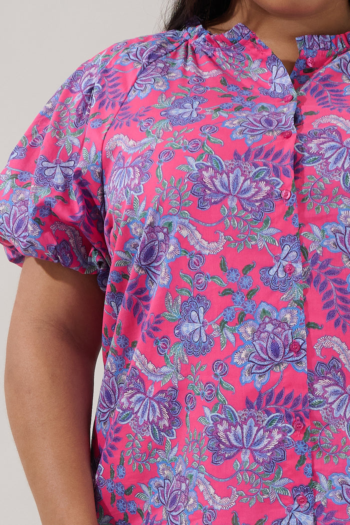 Avy Button Down Top Floral Curve