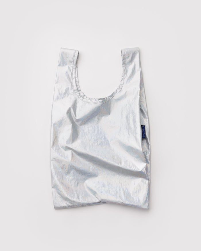 Metallic silver-grey reusable shopping tote bag with a brand logo tag.