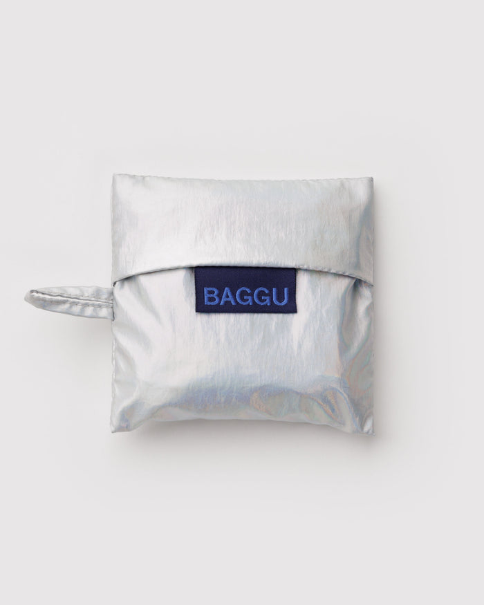 Metallic silver grey baby baggu square pouch with 'BAGGU' logo and hanging loop.