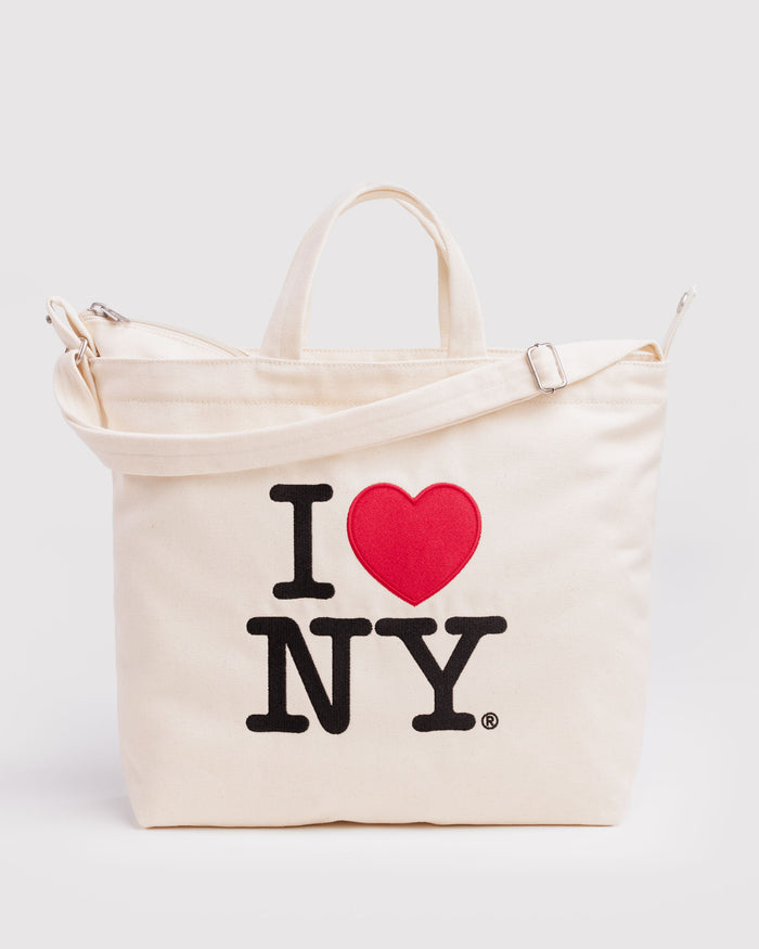 Beige tote bag with 'I ❤️ NY' text on a white background