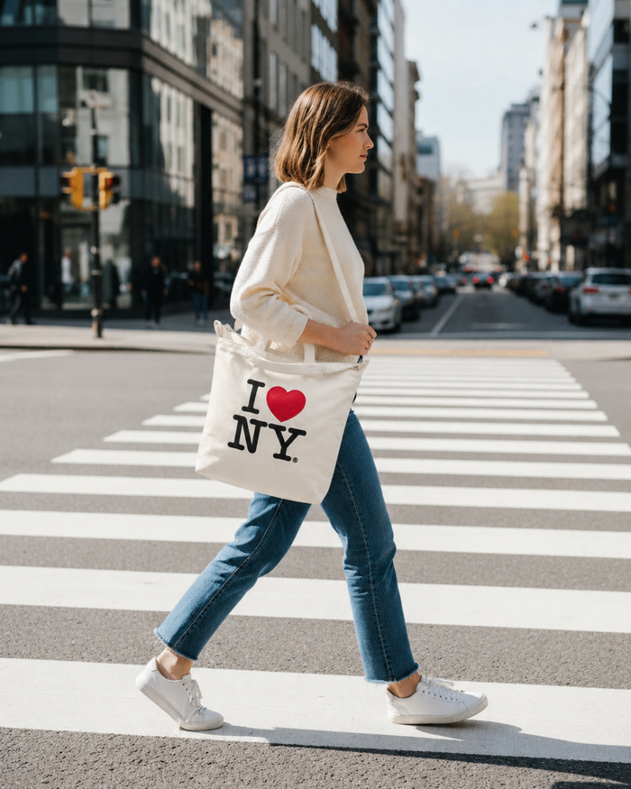 Woman with a cream canvas tote with 'I love NY' on front worn on shoulder walking on pedestrian crossing in city.
