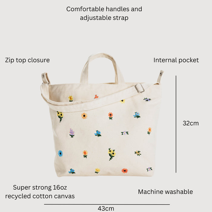 Beige canvas tote bag with carry handles and adjustable strap with floral embroidery and featuring text about its features.