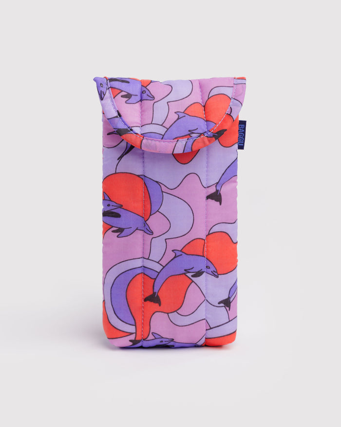 Colourful quilted and puffy pouch with abstract design and purple dolphins