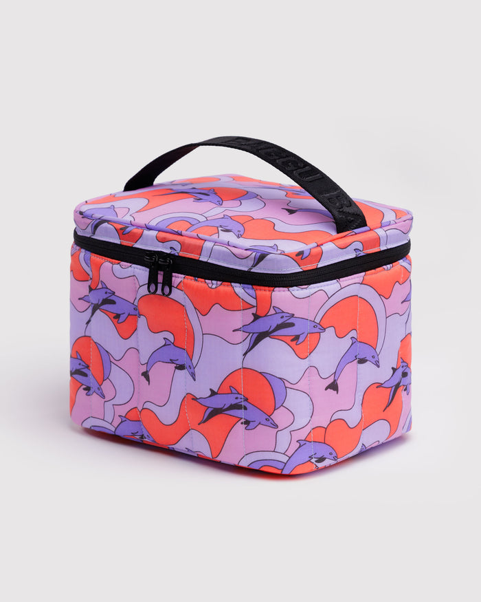 Lunch bag with dolphin pattern, black web handle and zip closure
