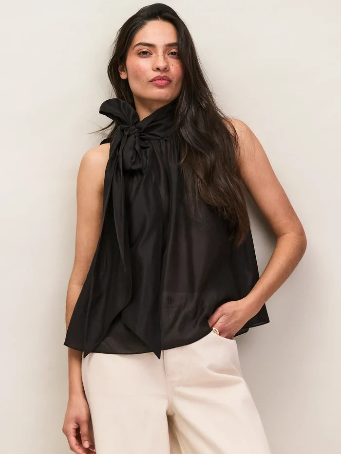 Black Bow Details Sleeveless Blouse Lyocell