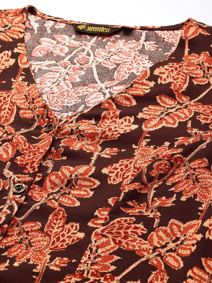 Black Floral Printed V-Neck Kurta, kurta, kurtis, Black kurta, v-neck, A-line, Printed kurta
