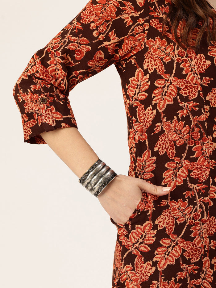 Black Floral Printed V-Neck Kurta, kurta, kurtis, Black kurta, v-neck, A-line, Printed kurta