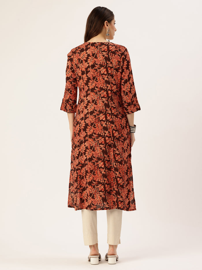 Black Floral Printed V-Neck Kurta, kurta, kurtis, Black kurta, v-neck, A-line, Printed kurta