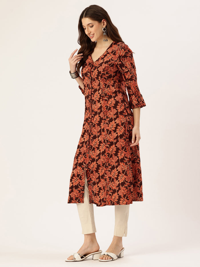 Black Floral Printed V-Neck Kurta, kurta, kurtis, Black kurta, v-neck, A-line, Printed kurta