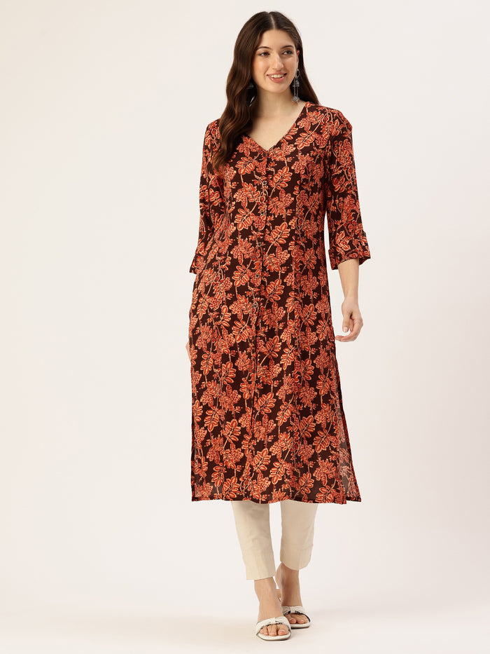 Black Floral Printed V-Neck Kurta, kurta, kurtis, Black kurta, v-neck, A-line, Printed kurta