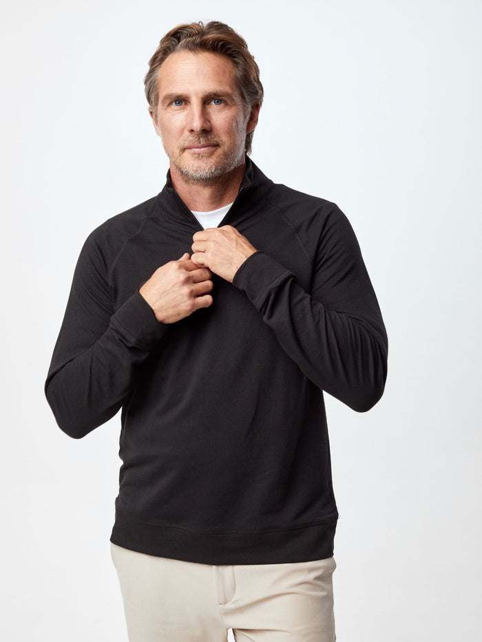 Ariel is 6'1, 175lbs and wears a size M # Men's Quarter Zip Pullover | Black | Fresh Clean Threads