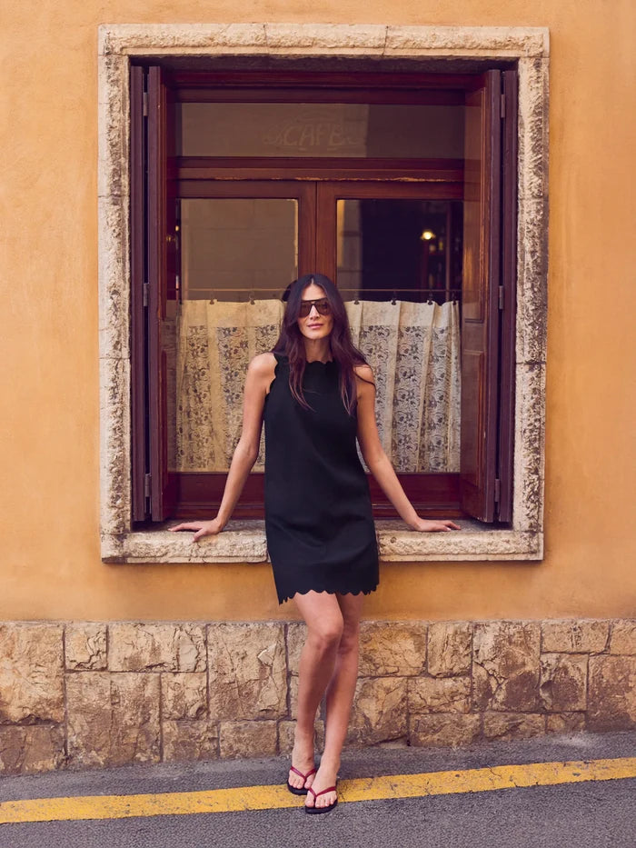 Black Scallop Edge Mini Dress With Linen