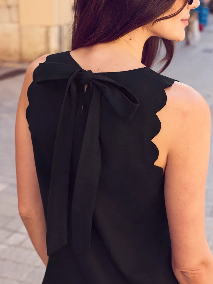 Black Scallop Edge Mini Dress With Linen
