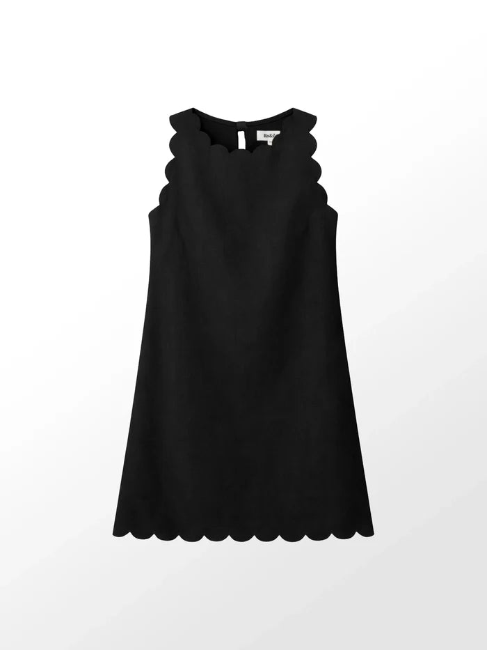 Black Scallop Edge Mini Dress With Linen