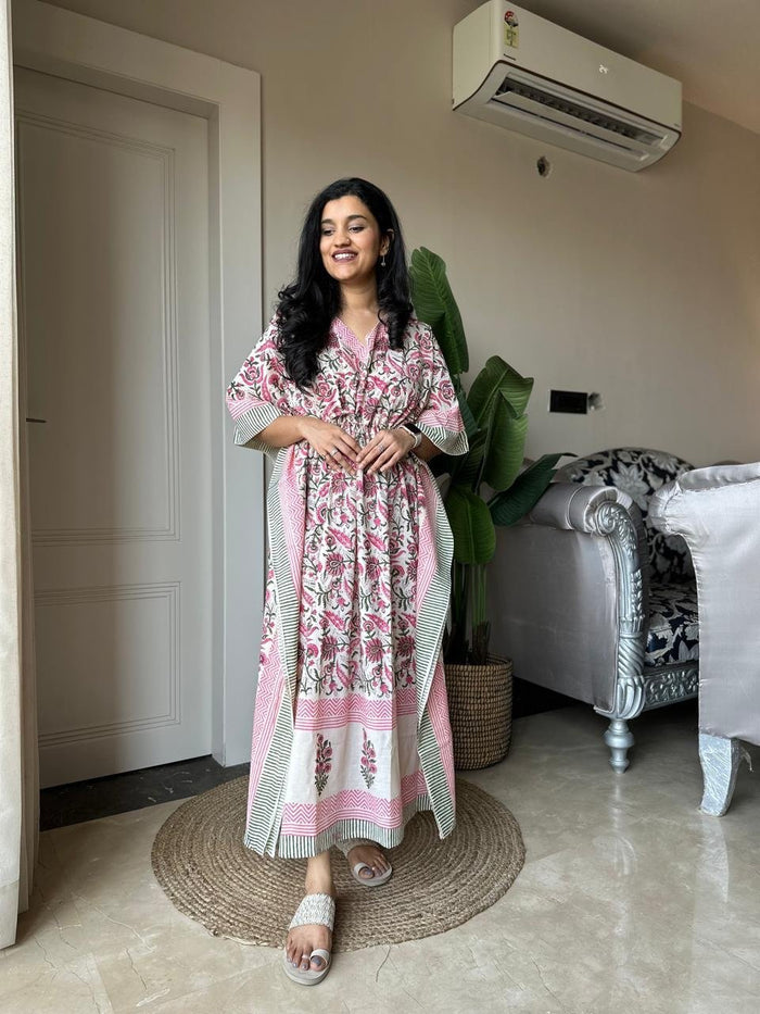 Block Print Cotton Kaftan - Soft Pastels