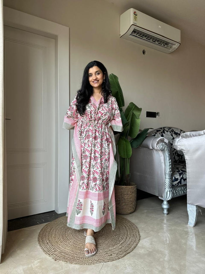 Block Print Cotton Kaftan - Soft Pastels