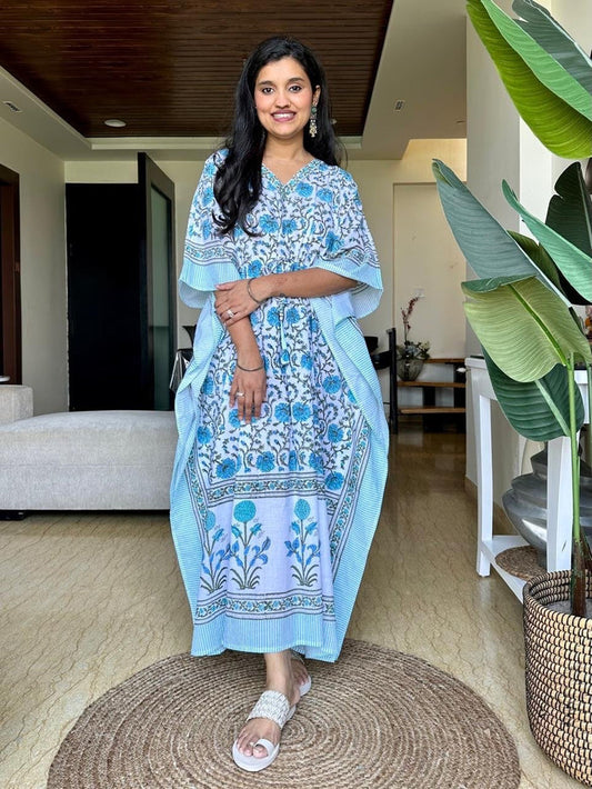 Block Print Cotton Kaftan- Light Blue