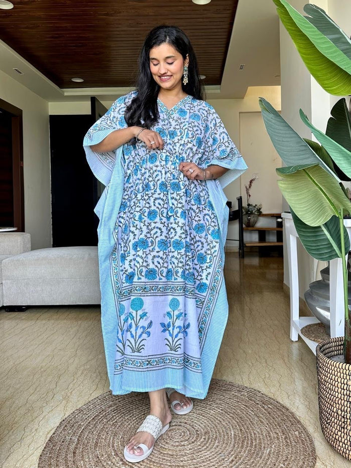 Block Print Cotton Kaftan- Light Blue