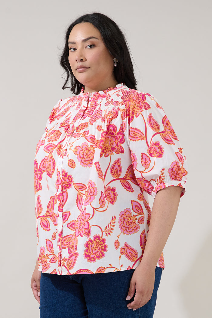 Blossom Smocked Mock Neck Top Arely Floral Curve