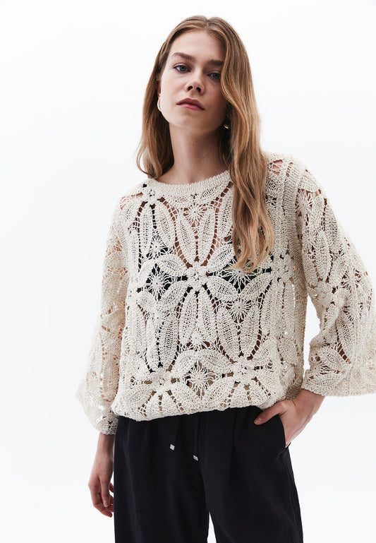Blouse With Ajour Details - ALMOND MILK
