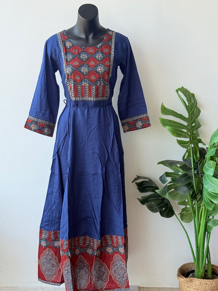 Blue ajrakh printed long Gown