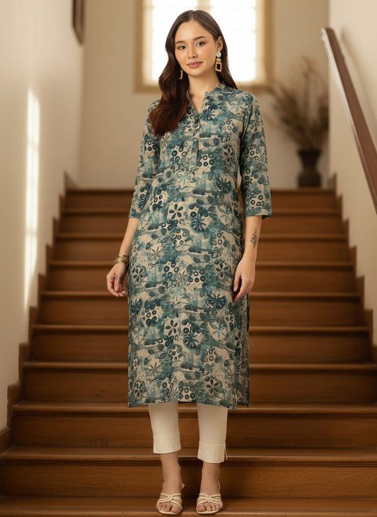Blue & Beige Floral Printed Kurta, Floral Print, Mandarin Collar kurta, printed kurta