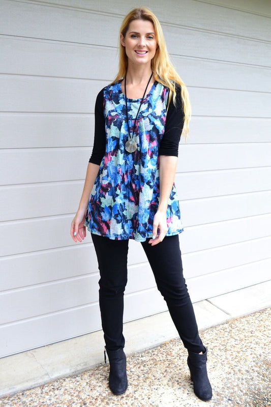 Blue maple leaf sleeveless fleece tunic top by Lilia Whispers, front view showing cozy fleece fabric and relaxed fit.