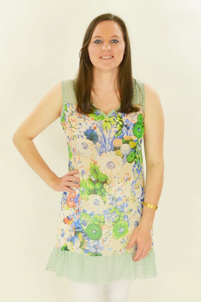 Blue Meadow Flowers Whispers tunic with floral pattern, lightweight fabric, and relaxed fit, perfect for casual or summer wear.