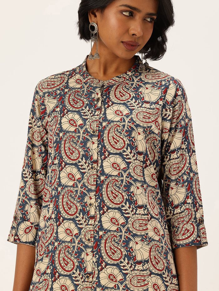 Blue Printed Kurta, Printed kurta, Casual wear kurta, daily wear kurta, office wear kurta, Band Collar Kurta, A-Line Kurta