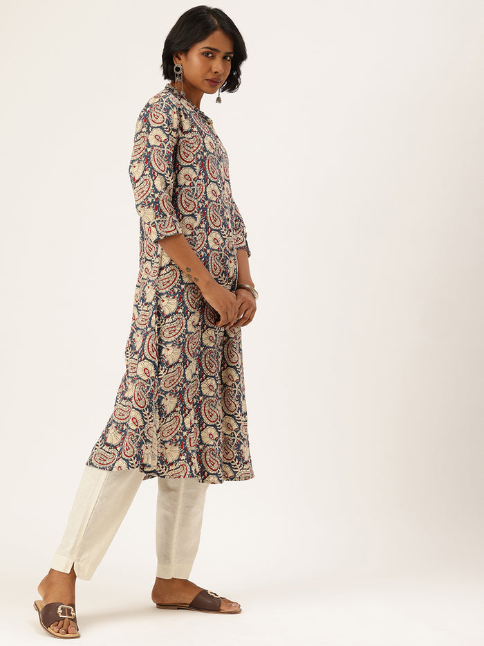 Blue Printed Kurta, Printed kurta, Casual wear kurta, daily wear kurta, office wear kurta, Band Collar Kurta, A-Line Kurta
