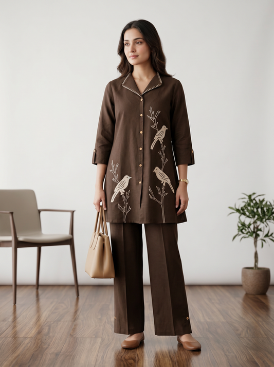 Brown Bird Motif Embroidery Shirt Collar Cotton Co-ord Set