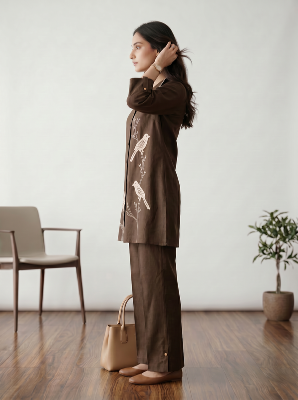 Brown Bird Motif Embroidery Shirt Collar Cotton Co-ord Set