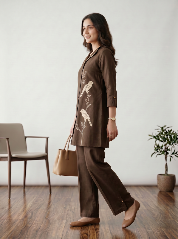 Brown Bird Motif Embroidery Shirt Collar Cotton Co-ord Set