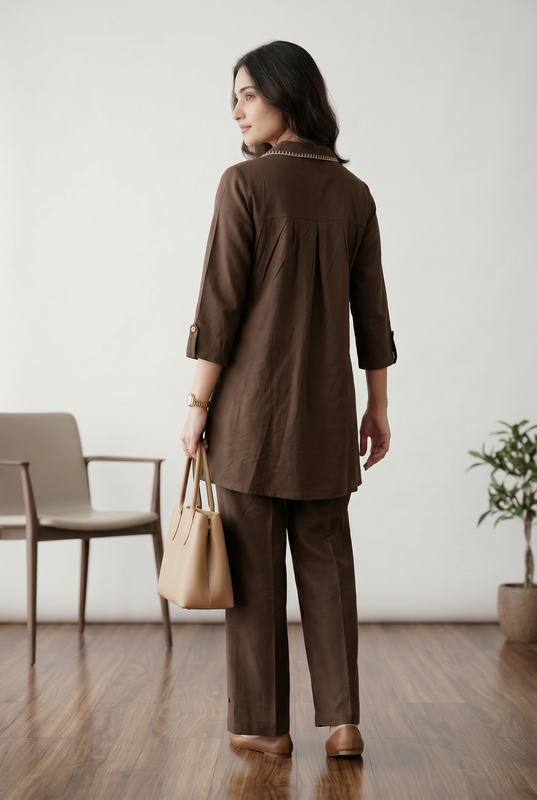 Brown Bird Motif Embroidery Shirt Collar Cotton Co-ord Set