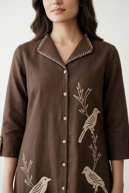 Brown Bird Motif Embroidery Shirt Collar Cotton Co-ord Set