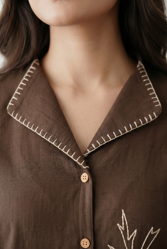 Brown Bird Motif Embroidery Shirt Collar Cotton Co-ord Set