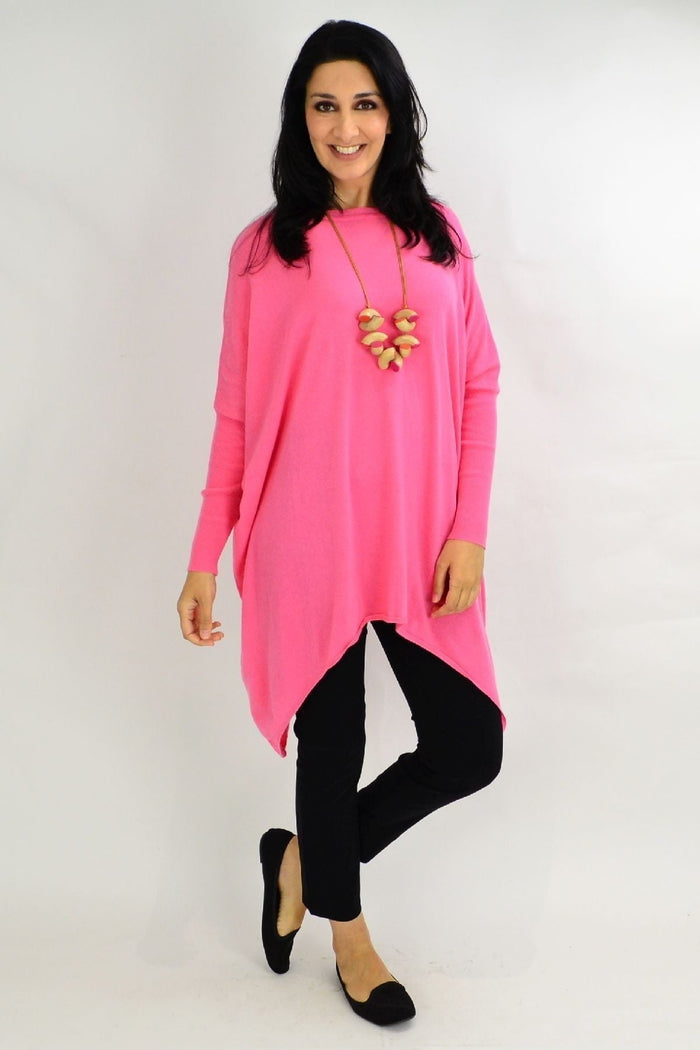 Bubble Gum Pink Snuggle Up Tunic Top by Boho Australia, showing a cozy, long-sleeve tunic with a relaxed fit and soft fabric.