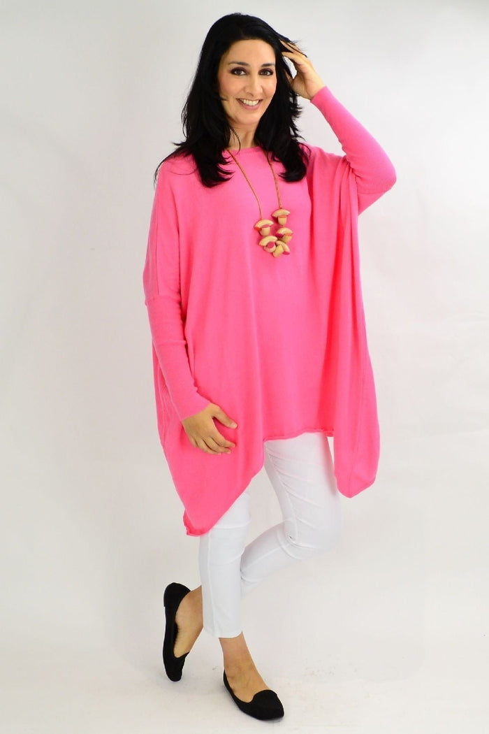 Pink Bubble Gum Snuggle Up Tunic Top by Boho Australia, featuring a cozy, relaxed fit in a vibrant pink color.