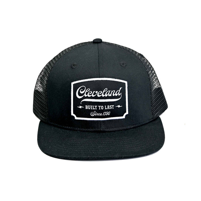 Cleveland Built to Last black flat brim trucker hat front.
