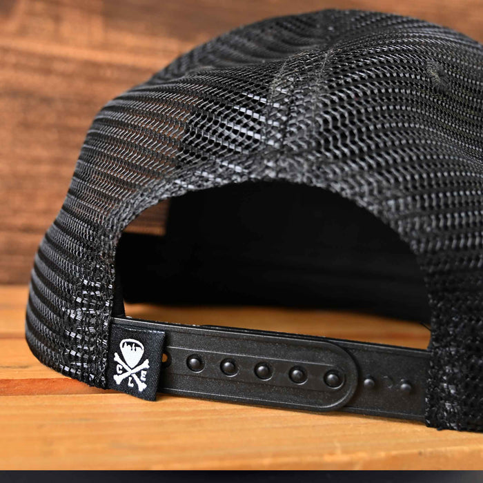 Cleveland Built to Last black flat brim trucker hat back featuring snap back closure.