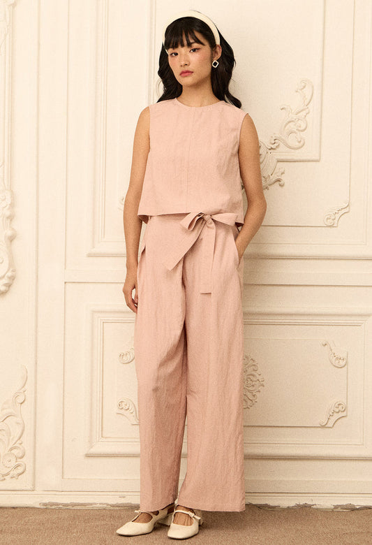 Button-Back Sleeveless Crop Top and Wrap Tie Pants Set