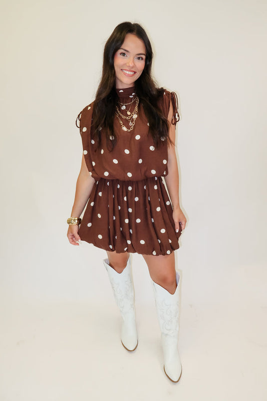 Cafe Society Brown Polka Dot Blouson Dress - The Pink Tulip Clothing