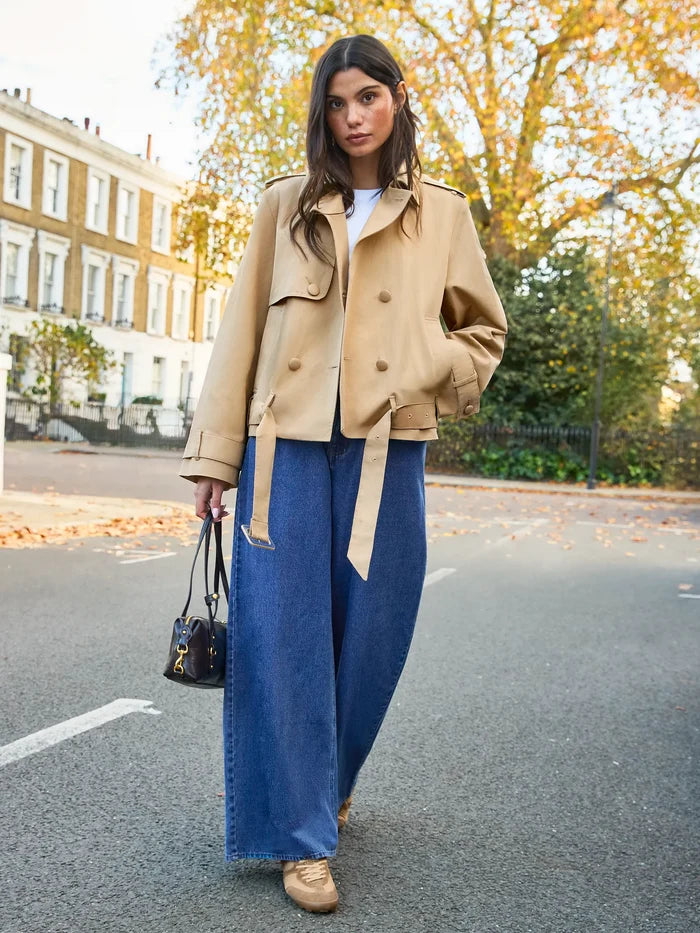 Camel Belted Cropped Trench Jacket